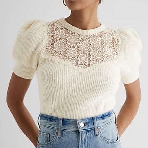 Express Medium Crew Neck Puff Sleeve Lace Sweater - Picture 1 of 6